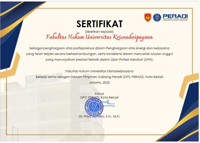 Fakultas Hukum Universitas Krisnadwipayana Raih Penghargaan atas Sinergi dan Kontribusi dalam Mencetak Lulusan Berprestasi pada Ujian Profesi Advokat