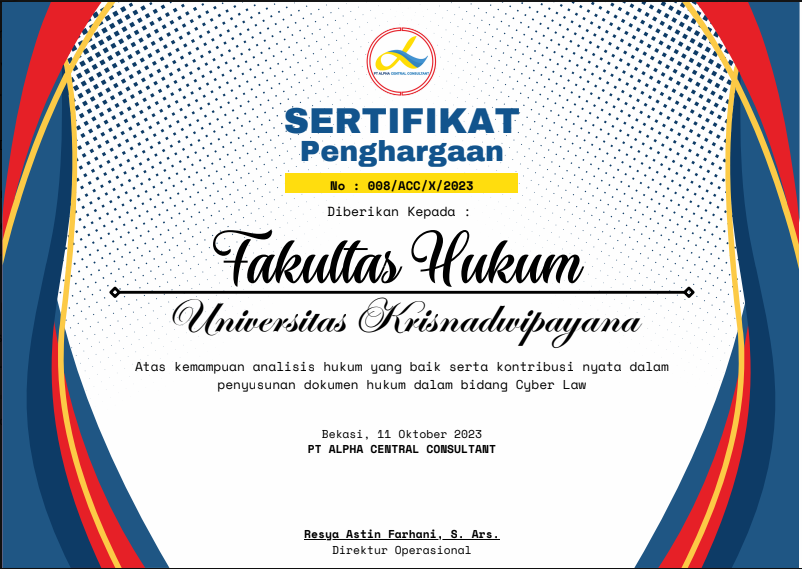 Fakultas Hukum UNKRIS Raih Apresiasi atas Kontribusi dalam Pengembangan Dokumen Hukum Bidang Cyber Law